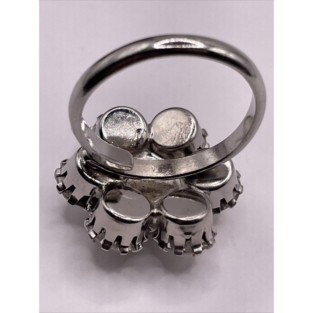 Vintage Clear Rhinestone Prong Set Adjustable Flower‎ Ring Silver Tone 3D Floral - Picture 10 of 15